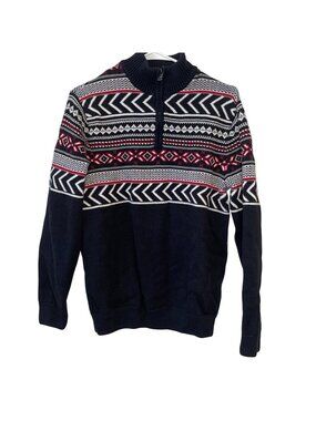 Chaps Cotton Half-Zip Mens Sweater With Nordic Pattern In Black White & Red - Si